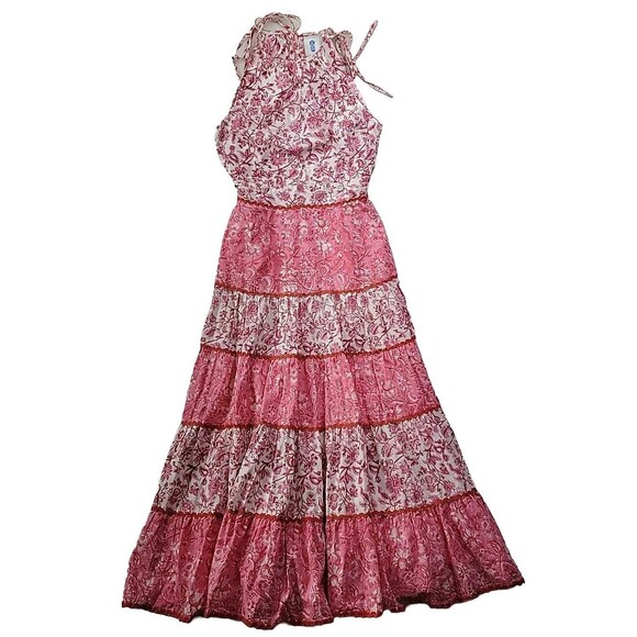 CJ LAING Women Tiered Floral Pink Halter Maxi Dress Women's XS Cotton Sun Dress - Picture 1 of 13